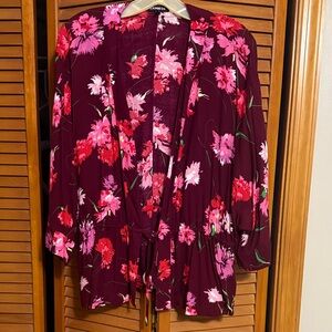 Express Floral Kimono Cardigan - Burgundy and Pink